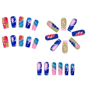 Medium square press-on nails with vibrant color gradient and white abstract line patterns