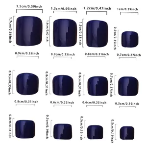 Size chart showing 12 different dimensions for solid dark blue press-on toe nails set