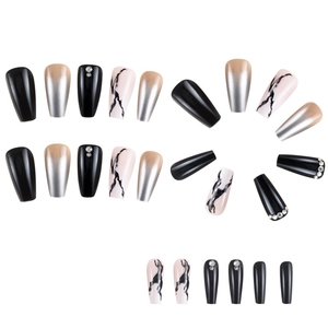 Black marble press-on nails set with silver gradient and rhinestone decoration