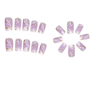 Lavender gradient press-on nails with marble texture, gold glitter and shell patterns