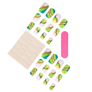 Neon green marble press-on nails set with gold accents and manicure tools on white background