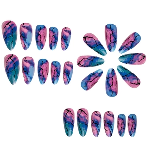 Blue and pink marble almond press-on nails with black cracked pattern design