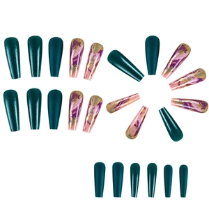 Long coffin press-on nails set with dark green polish and purple marble foil art