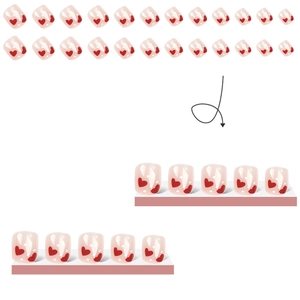 Detail of short pink press-on nails with red heart patterns and high gloss finish