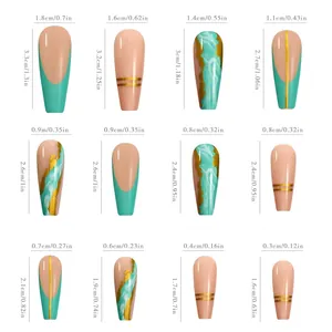Size chart for long French press-on nails with green marble design and gold foil accents