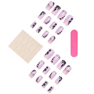 24pcs pink press-on nails set with black leaf patterns and gold foil flakes decorations
