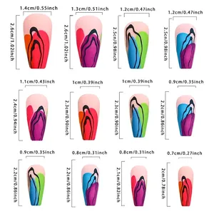 Size chart showing width and length for colorful hand-painted graffiti press-on nails