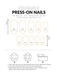 Size guide for dark green almond press-on nails featuring measurement steps and 12 fit sizes