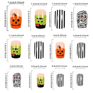 Size chart for Halloween press-on nails featuring pumpkin and mummy patterns