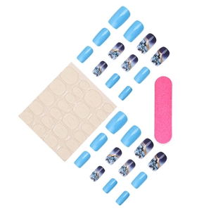 Blue marble long square press-on nails set with gold veins and manicure tools