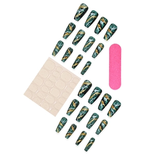 Press-on nail set with dark green marble patterns, gold glitter, and rhinestones