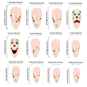 Size chart for French almond press-on nails with smile face designs in 12 distinct sizes