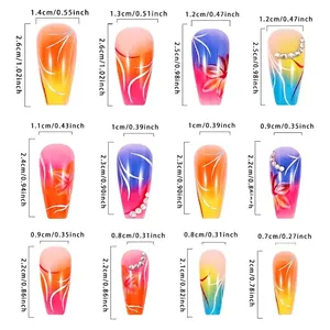 Size chart for press-on nails with colorful gradients, floral patterns and rhinestones