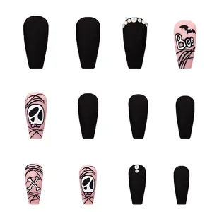 Halloween press-on nails size chart featuring skull and bat designs in matte black and pink