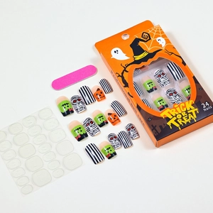Short Halloween press-on nail kit with zombie pumpkin patterns and striped mummy designs