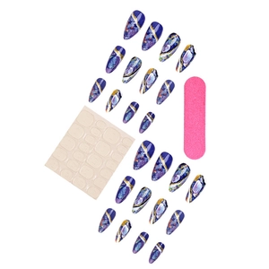 Purple and blue marble almond press-on nails set with gold foil accents and manicure kit