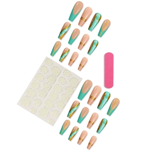 24pcs Green marble press-on nails with gold foil accents and French tips kit