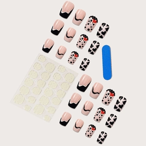 Französisches Nagelset zum Aufkleben mit schwarzen Herzen, Glitzersteinen und Werkzeug