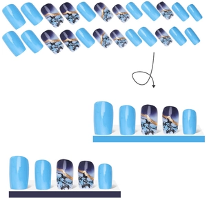Blue marble press-on nails set with gold foil accents and 24-piece full kit display