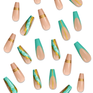 Detail of long coffin press-on nails with green marble texture and gold foil accents