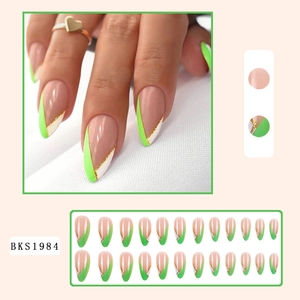 Detail view of almond press-on nails with fluorescent green and white French design