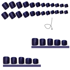 Dark blue glossy press-on toenails set featuring 24 pieces in various sizes for women