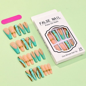 Detailed set of long green marble press-on nails with gold accents in retail box