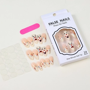 Almond press-on nails set featuring clown smile face and colorful star pattern