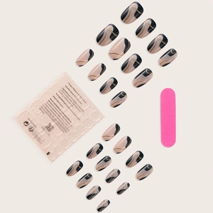 24pcs dark green and nude almond press-on nails with minimalist gold line art and tools