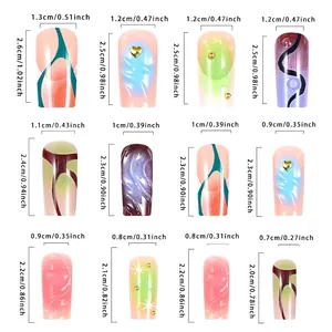 Press-on nail set with 3D heart and gradient design showing size chart for fit