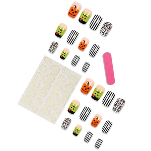Short Halloween press-on nails set with pumpkin stripes and mummy designs including glue