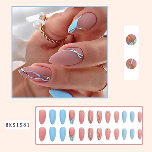 Detailed view of pink and blue almond press-on nails with silver wave metallic line accents