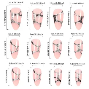 Size chart for leopard pattern almond press-on nails in various dimensions and lengths