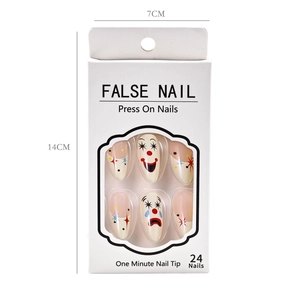 Detail view of clown smile false nails packaging box with dimensions 7x14cm and 24 pieces