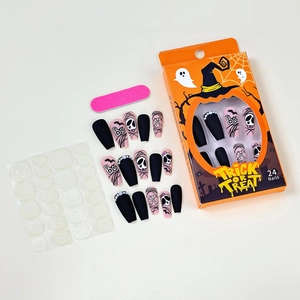 Halloween press-on nails set with matte black skull, bat designs and orange gift box