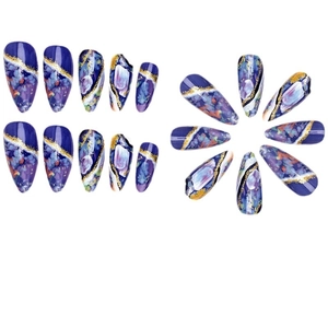 Blue and purple marble almond press-on nails with celestial gold glitter accents