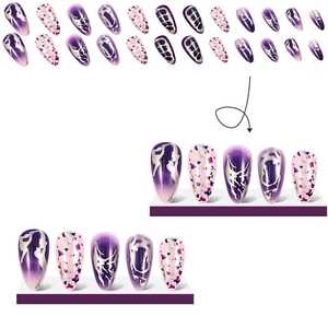 Unghie finte a mandorla con sfumature viola, motivi floreali e linee metalliche argento