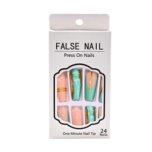 Long flat press on nails with green marble design, gold foil edges and 24 pieces set