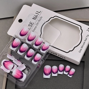 Macro detail of French purple gradient press-on nails in minimalist white packaging