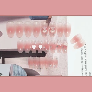 Pink gradient press-on nails set with 3D resin bears and heart pearls decorations