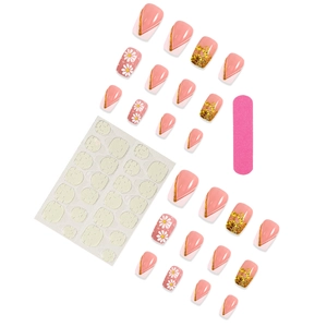 Press-on nail kit with daisy patterns, gold glitter and pink french style tips