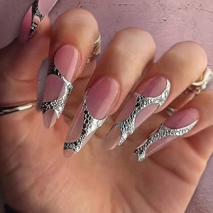 Press On Nails Long Almond False Nails With Silver Leopard Pattern Metallic Lines For Women Manicure Art