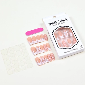 Pink and white 3D bow and camellia press-on nail kit with adhesive tabs and file