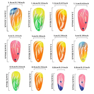 Detailed size chart with precise dimensions for almond shaped press-on nail tips