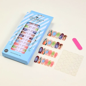 3D heart patterned press-on nails set with gradient blue waves and heart designs