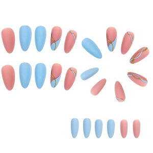 Detail of almond matte press-on nails featuring blue and pink wave patterns with gold lines