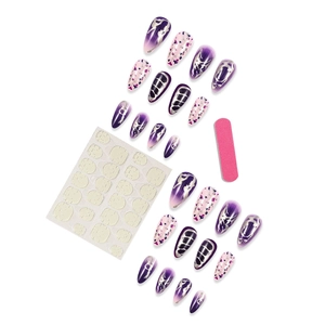 Set di 24 unghie finte mandorla viola con fiori e decorazioni in foglia argento