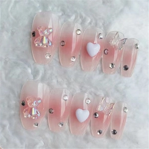 Pink ombre press-on nails with 3D laser bear, butterfly and heart charms set