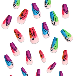 Macro detail of abstract fluid art nails with colorful hand-painted graffiti on long coffin shape