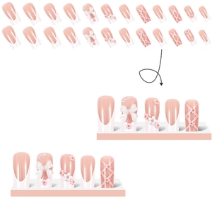 3D bow and camellia floral press-on nails with white French tips and pink base
